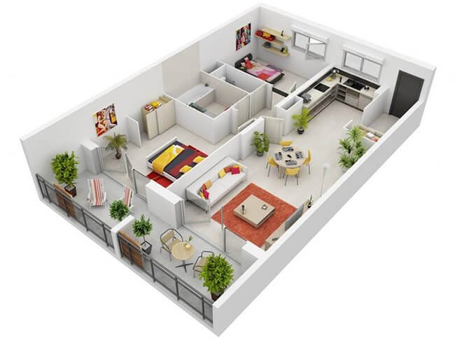 Mẫu thiết kế không gian nội thất trang trí phòng khách nhà vuông 2 phòng ngủ