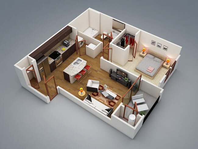 Tham khảo ngay mẫu thiết kế nội thất phòng khách với 1 phòng ngủ