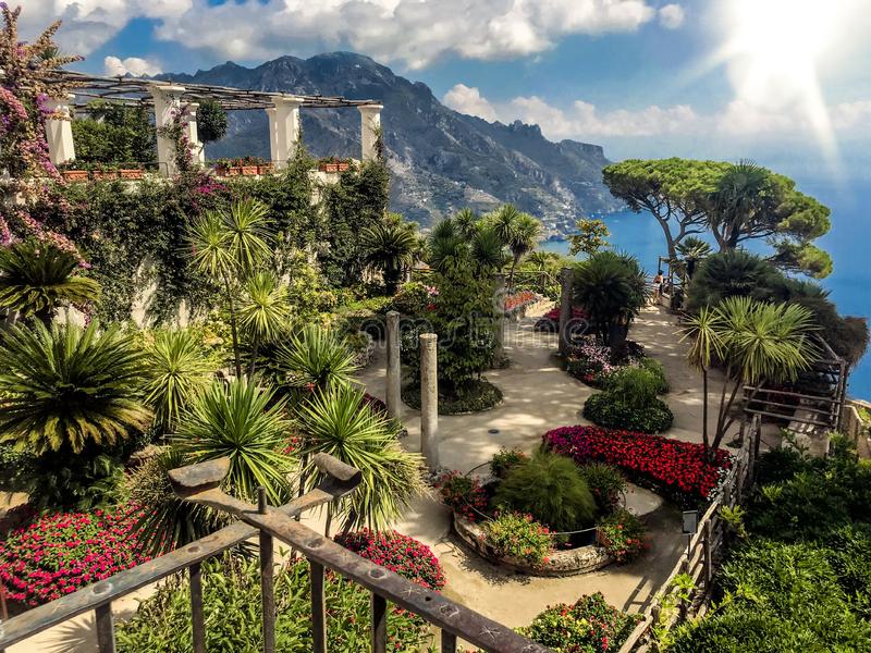 Ravello, Italy, September 7, 2018: Picture Postcard with Terrace with Flowers in the Garden Villas Rufolo in Ravello. Amalfi Coast Editorial Stock Photo - Image of balcony, architecture: 143070893